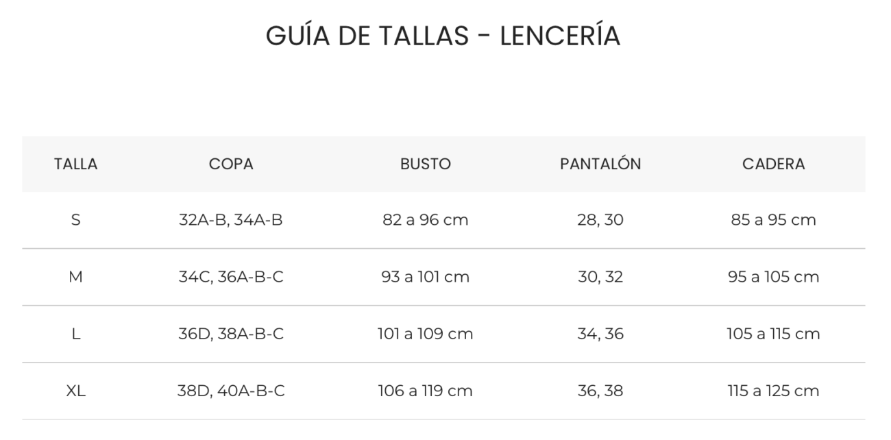 guia de tallas ropa interior mujer